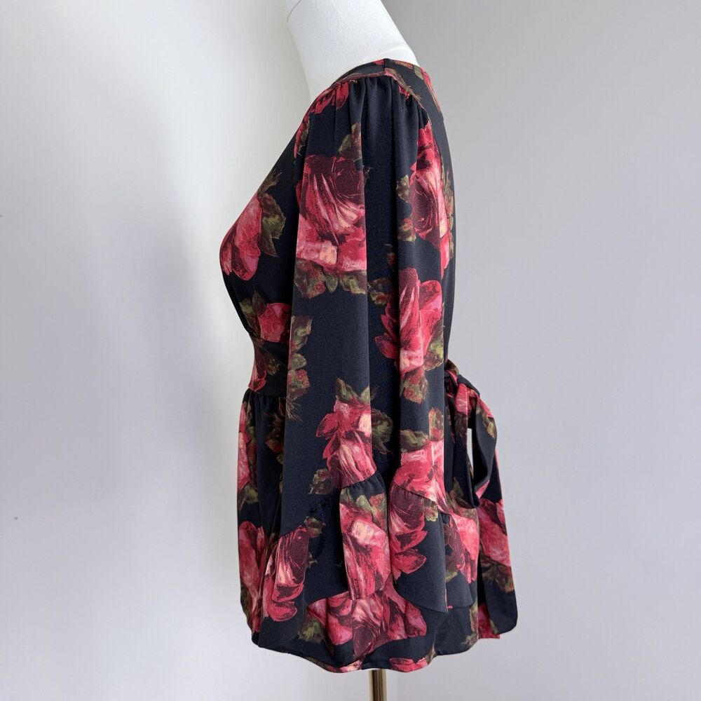 Betsey Johnson Floral Wrap Top S Black Red Roses Bell Sleeve Peplum Boho Romance - Picture 8 of 13